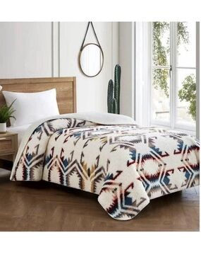 Pendleton Ivory Sherpa Throw with Blue, Red & Tan Southwestern Motif